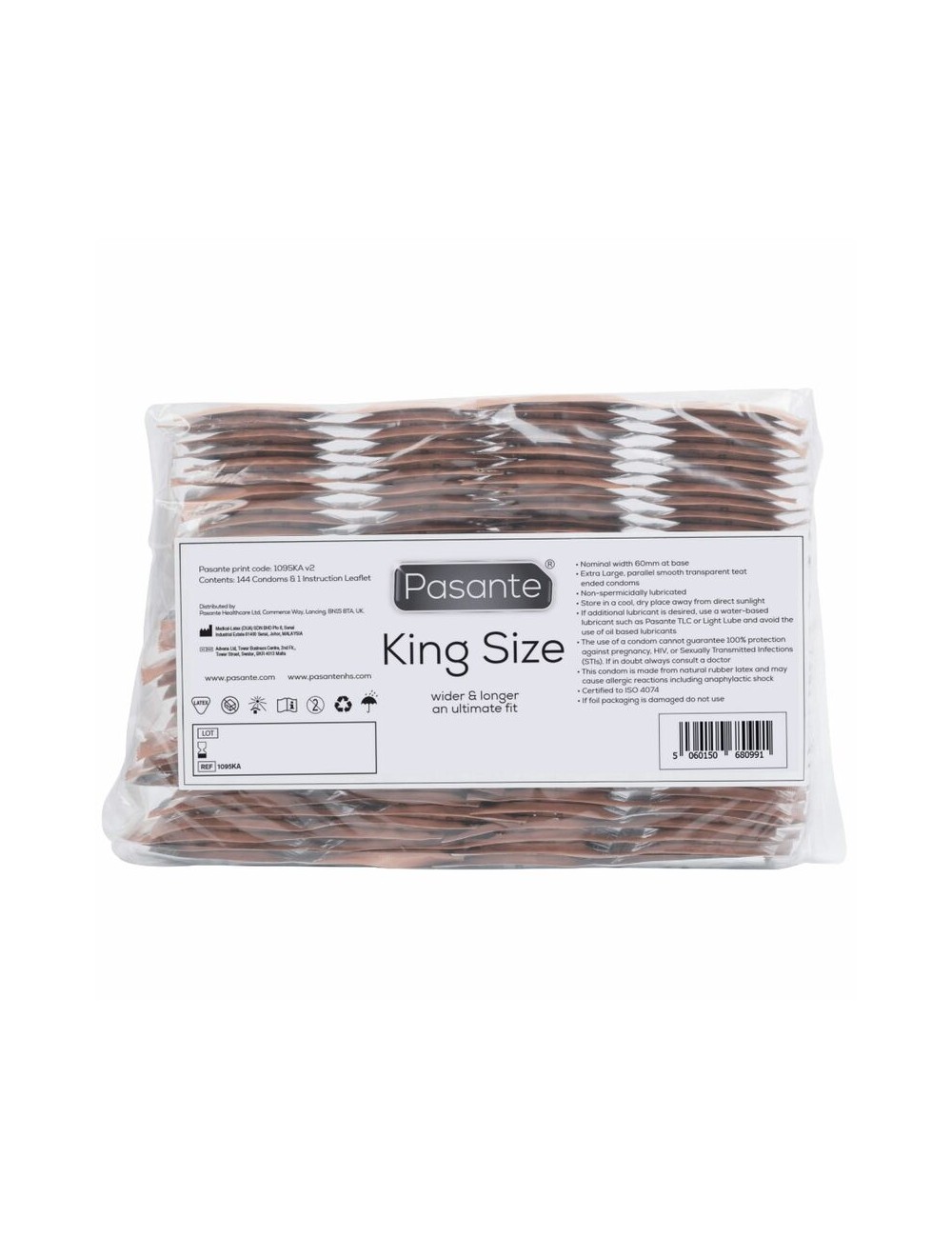 PASANTE PRESERVATIVOS KING MÁS LARGOS Y ANCHOS BOLSA 144 UNIDADES