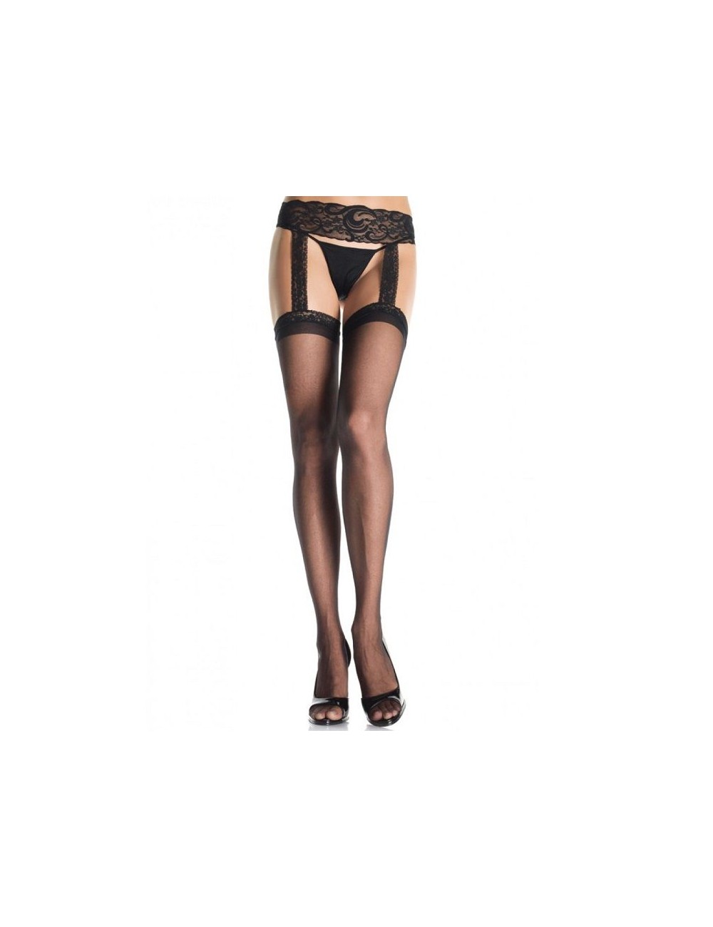 LEG AVENUE MEDIAS NEGRAS CON LIGUERO DE ENCAJE ADJUNTO LEG AVENUE MEDIAS NEGRAS CON LIGUERO DE ENCAJE ADJUNTO