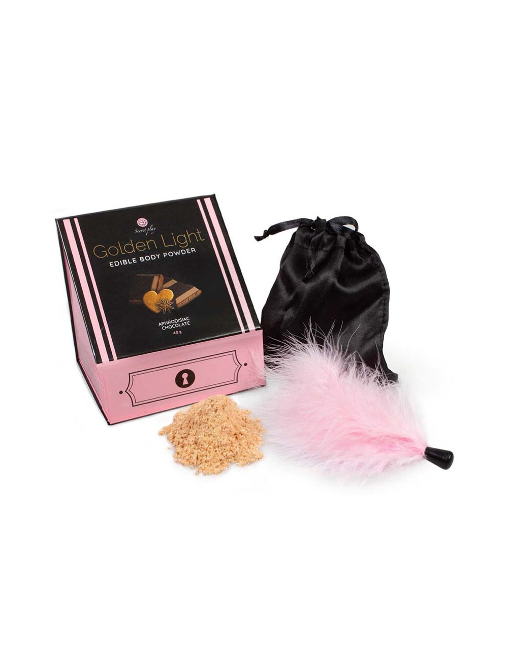 SECRETPLAY GOLDEN LIGHT KIT POLVOS COMESTIBLES Y PLUMA - CHOCOLATE AFRODISIACO