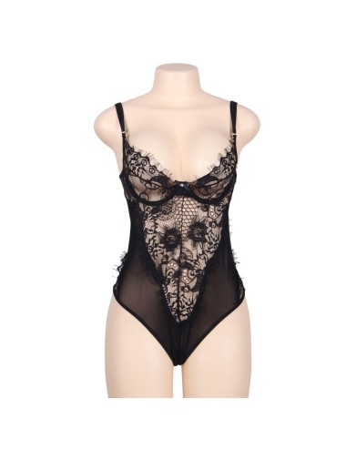 SUBBLIME - QUEEN PLUS FLORAL LACE AND FRINGED BLACK TEDDY
