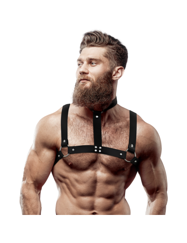 FETISH SUBMISSIVE ATTITUDE - ARNÉS AJUSTABLE ECOPIEL PECHO CON COLLAR HOMBRE