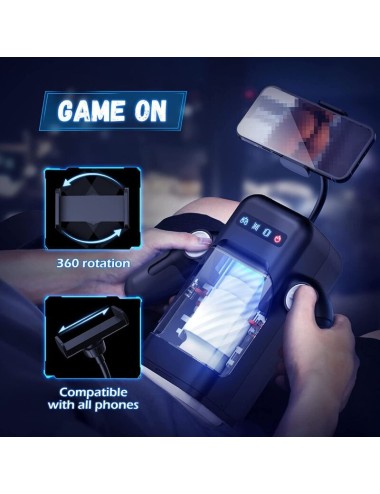GAME CUP - MASTURBADOR MASCULINO CON VIBRACIÓN Y FUNCIÓN CALOR CON SOPORTE PARA MÓVILES - NEGRO