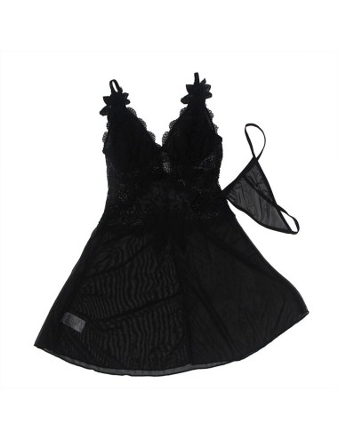 SUBBLIME - BABYDOLL TELA DE TUL DETALLE ENCAJE Y FLOR NEGRO S/M