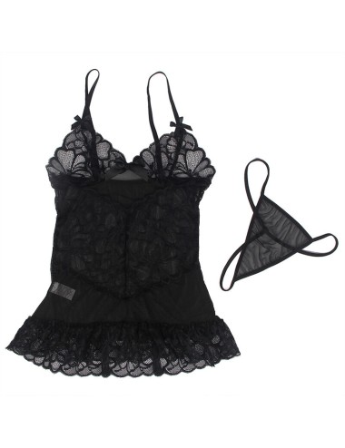 SUBBLIME - BABYDOLL CON TIRANTES AJUSTABLES Y ESTAMPADO FLORAL DE ENCAJE TRANSPARENTE NEGRO S/M