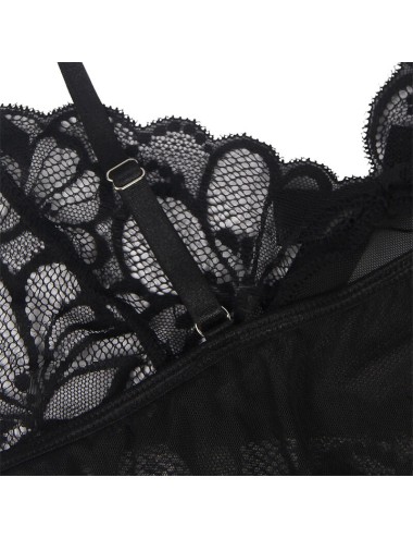SUBBLIME - BABYDOLL CON TIRANTES AJUSTABLES Y ESTAMPADO FLORAL DE ENCAJE TRANSPARENTE NEGRO S/M