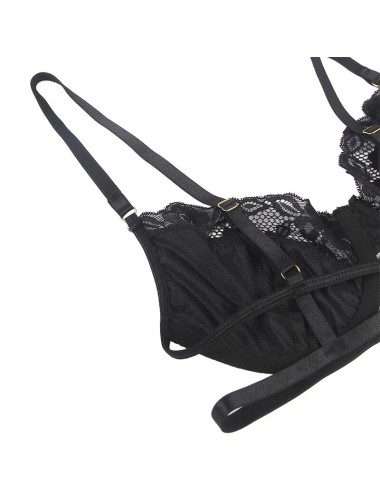 SUBBLIME - SET DE 3 PIEZAS SUJETADOR + TANGA + LIGA ENCAJE NEGRO S/M