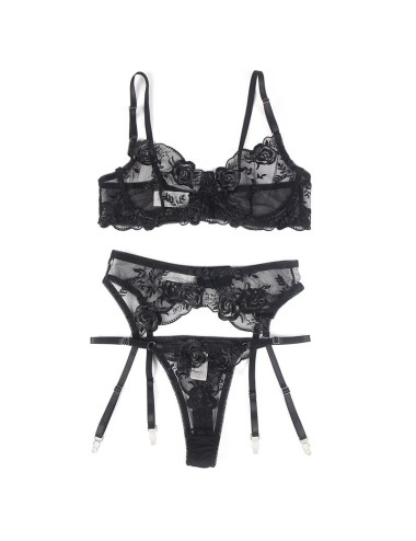 SUBBLIME - SET DE 3 PIEZAS SUJETADOR + TANGA + LIGA ESTAMPADO FLORAL NEGRO S/M