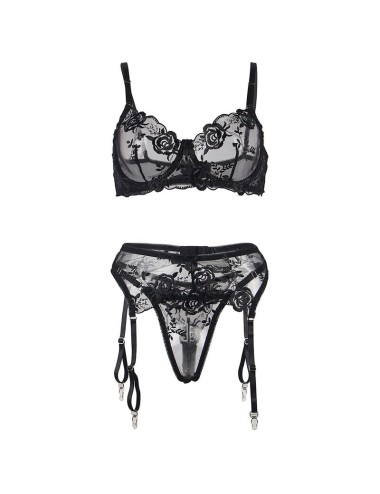 SUBBLIME - SET DE 3 PIEZAS SUJETADOR + TANGA + LIGA ESTAMPADO FLORAL NEGRO S/M