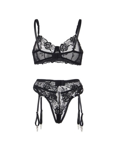 SUBBLIME - SET DE 3 PIEZAS SUJETADOR + TANGA + LIGA ESTAMPADO FLORAL NEGRO S/M