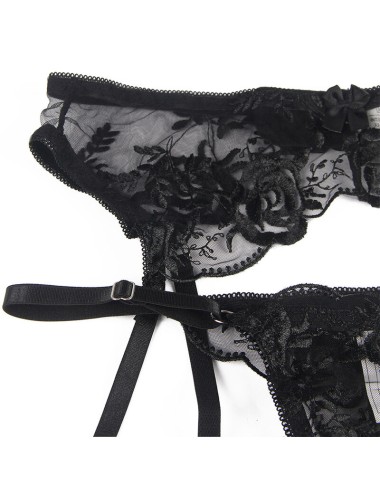 SUBBLIME - SET DE 3 PIEZAS SUJETADOR + TANGA + LIGA ESTAMPADO FLORAL NEGRO S/M