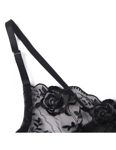 SUBBLIME - SET DE 3 PIEZAS SUJETADOR + TANGA + LIGA ESTAMPADO FLORAL NEGRO S/M