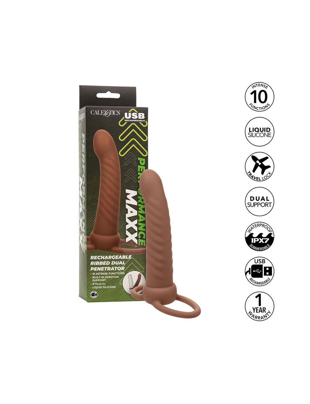 CALEXOTICS - MAXX DOBLE PENETRADOR ACANALADO 10 VIBRACIONES MULATO