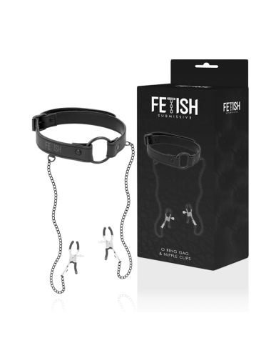 FETISH SUBMISSIVE - ANILLA MORDAZA CON PINZAS PARA PEZONES