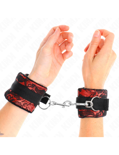 KINK - MUÑEQUERAS CORTAS DE ENCAJE TERCIOPELO Y UNIÓN DE NYLON ROJO/NEGRO 23 X 6.5 CM