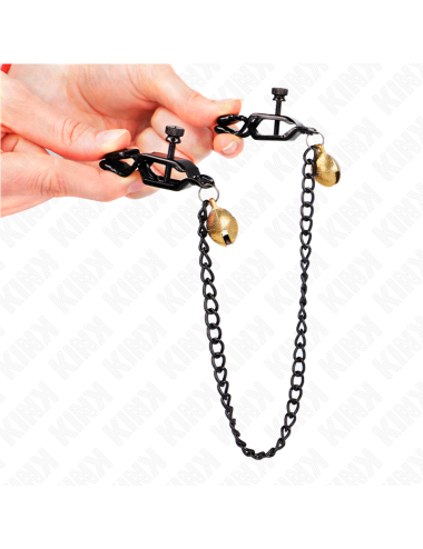 KINK - PINZAS PARA PEZONES PLANAS NEGRO CON CASCABEL Y CADENA PLATEADO 30 CM