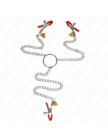 KINK - PINZAS PARA PEZONES Y CLÍTORIS ROJAS CON CASCABEL DORADO Y CADENA 30 CM