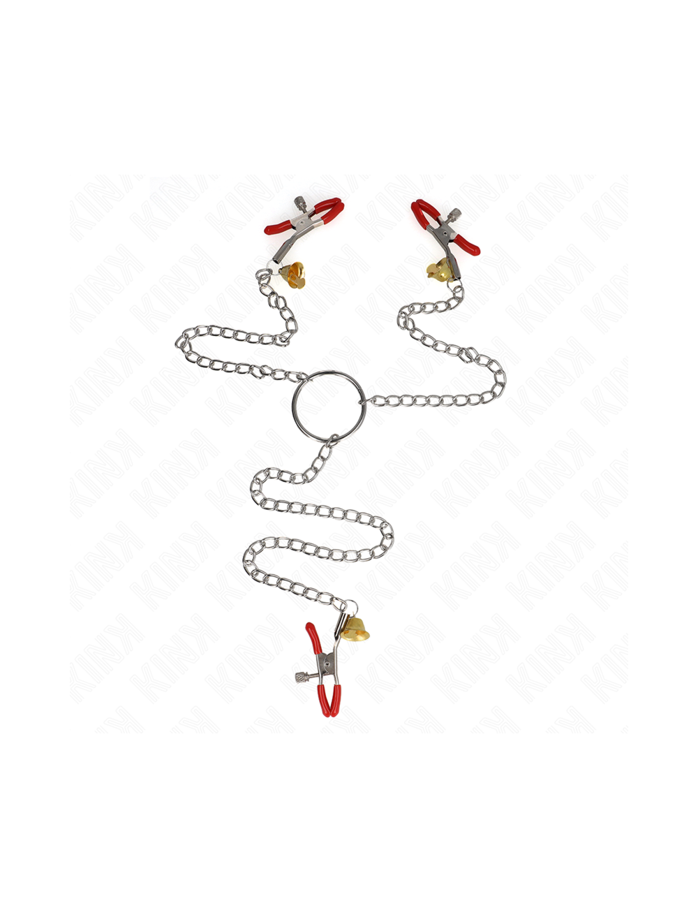 KINK - PINZAS PARA PEZONES Y CLÍTORIS ROJAS CON CASCABEL DORADO Y CADENA 30 CM