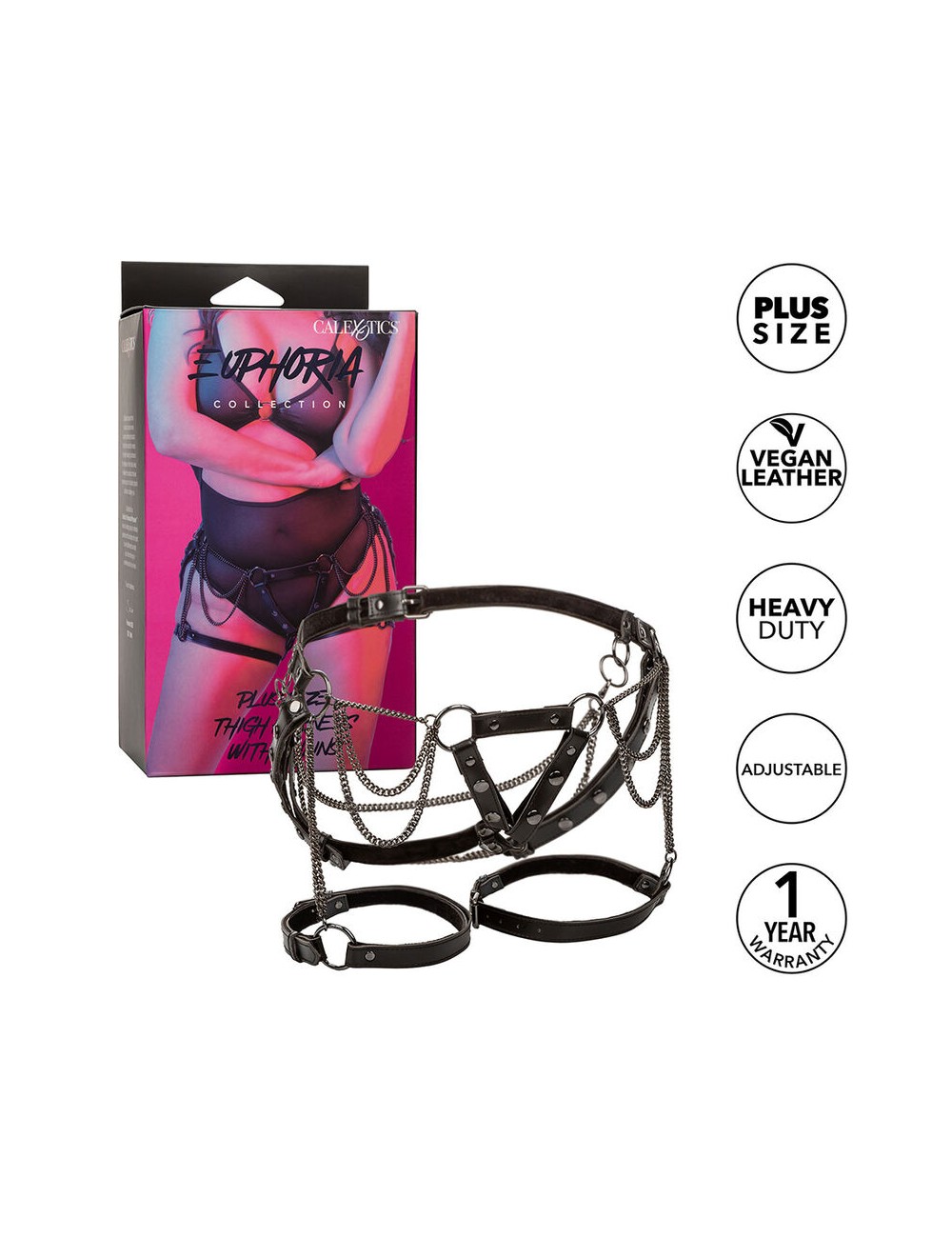 CALEXOTICS - EUPHORIA ARNÉS DE MUSLO CON CADENAS PREMIUM TALLA PLUS