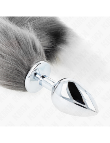KINK - PLUG ANAL TALLA L 10 X 4 CM CON COLA SINTÉTICA 40 CM PLATEADO Y BLANCO