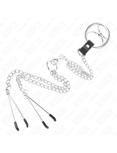 KINK - ANILLO PENE TRIPLE METAL CROMADO 3 CM A 4.5 CM CON CADENA METAL 26 CM Y PINZAS PARA PEZONES