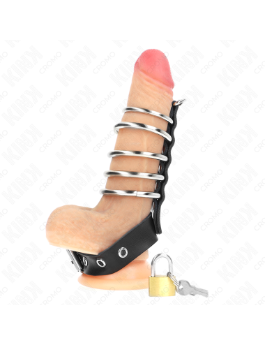 KINK - ANILLO PENE CUERO CORREA CON CERRADURA 21 X 2 CM Y 5 ANILLOS METAL DE 3 CM A 4 CM