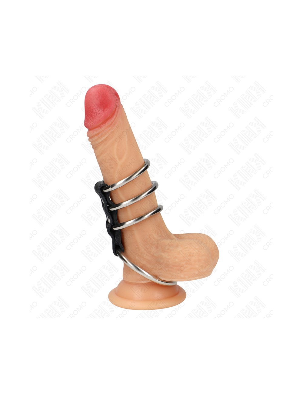 KINK - 4 ANILLOS PENE METAL 3.7 CM A 5 CM CONECTADOS POR CUERO