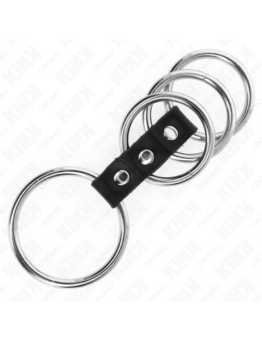 KINK - 4 ANILLOS PENE METAL 3.7 CM A 5 CM CONECTADOS POR CUERO