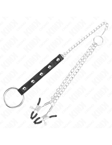 KINK - ANILLO PENE METAL CON CADENA Y PINZAS PARA PEZONES AJUSTABLE