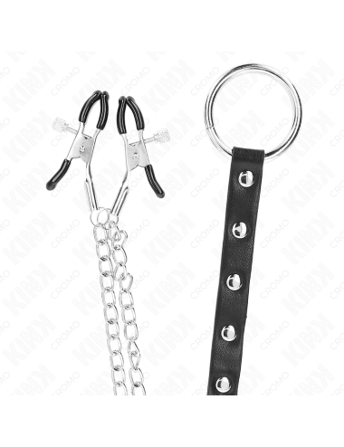 KINK - ANILLO PENE METAL CON CADENA Y PINZAS PARA PEZONES AJUSTABLE