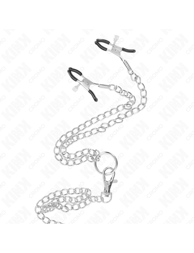 KINK - ANILLO PENE TRIPLE METAL CROMADO 3 CM A 4.5 CM CON CADENA METAL 26 CM Y PINZAS PARA PEZONES