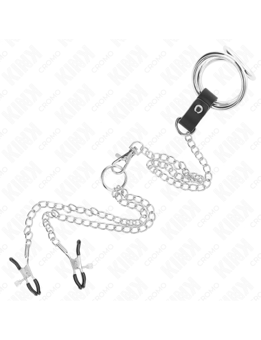 KINK - ANILLO PENE TRIPLE METAL CROMADO 3 CM A 4.5 CM CON CADENA METAL 26 CM Y PINZAS PARA PEZONES