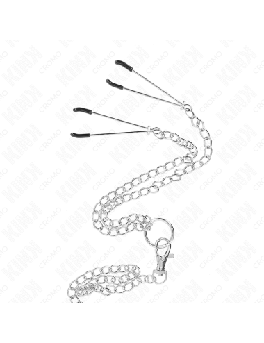 KINK - ANILLO PENE TRIPLE METAL CROMADO 3.8 CM A 5 CM CON CADENA METAL 26 CM Y PINZAS PARA PEZONES MODELO 2