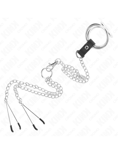 KINK - ANILLO PENE TRIPLE METAL CROMADO 3.8 CM A 5 CM CON CADENA METAL 26 CM Y PINZAS PARA PEZONES MODELO 2