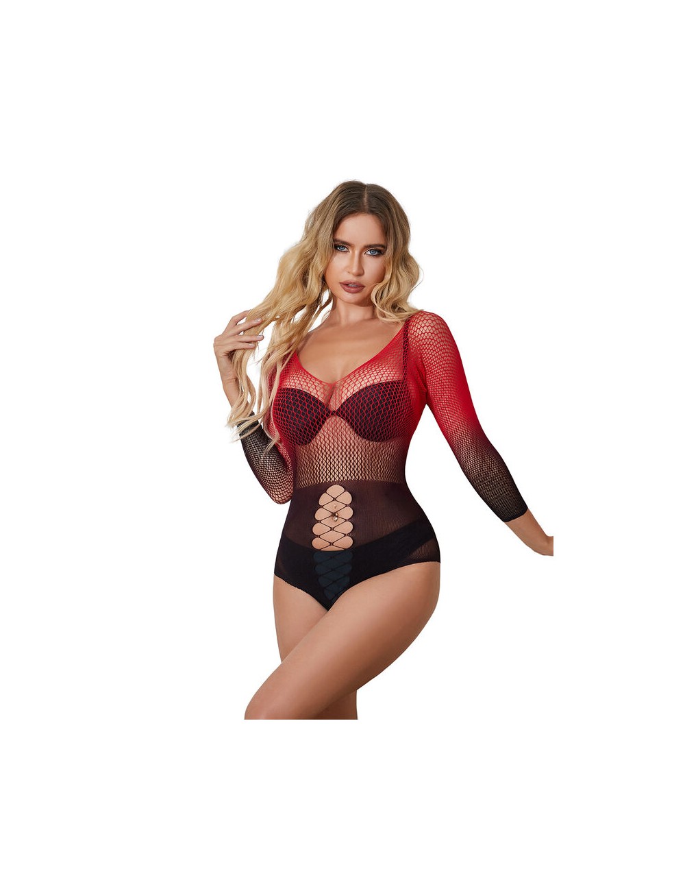 SUBBLIME - 952259 BODYSTOCKING DE REJILLA ELSTICO MANGA LARGA DEGRADADO ROJO Y NEGRO TALLA ÚNICA