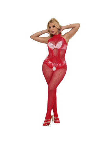 SUBBLIME - 952372 BODYSTOCKING CROTCHLESS DE REJILLA Y ENCAJE CON CUELLO ALTO ROJO TALLA ÚNICA