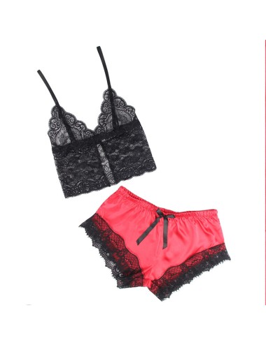 SUBBLIME - 953959 CAMISÓN INFORMAL DE SEDA + PANTALÓN ENCAJE NEGRO/ROJO S/M