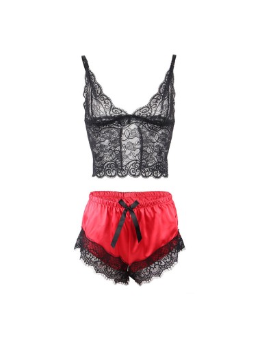 SUBBLIME - 953959 CAMISÓN INFORMAL DE SEDA + PANTALÓN ENCAJE NEGRO/ROJO S/M