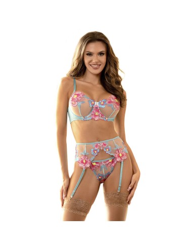 SUBBLIME - 954109 SUJETADOR + PANTIES CON LIGUERO DISEÑO FLORAL AZUL S/M