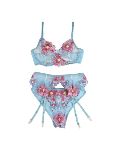 SUBBLIME - 954109 SUJETADOR + PANTIES CON LIGUERO DISEÑO FLORAL AZUL S/M
