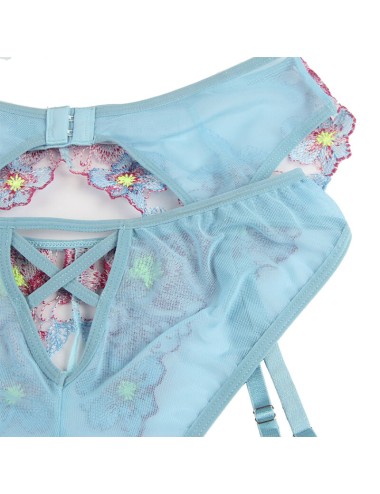 SUBBLIME - 954109 SUJETADOR + PANTIES CON LIGUERO DISEÑO FLORAL AZUL S/M