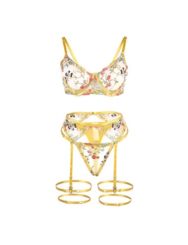 SUBBLIME - 954345 SUJETADOR + TANGA + LIGUEROS DISEÑO FLORAL AMARILLO S/M