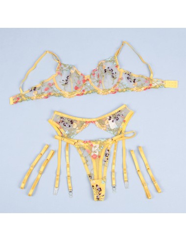 SUBBLIME - 954345 SUJETADOR + TANGA + LIGUEROS DISEÑO FLORAL AMARILLO S/M