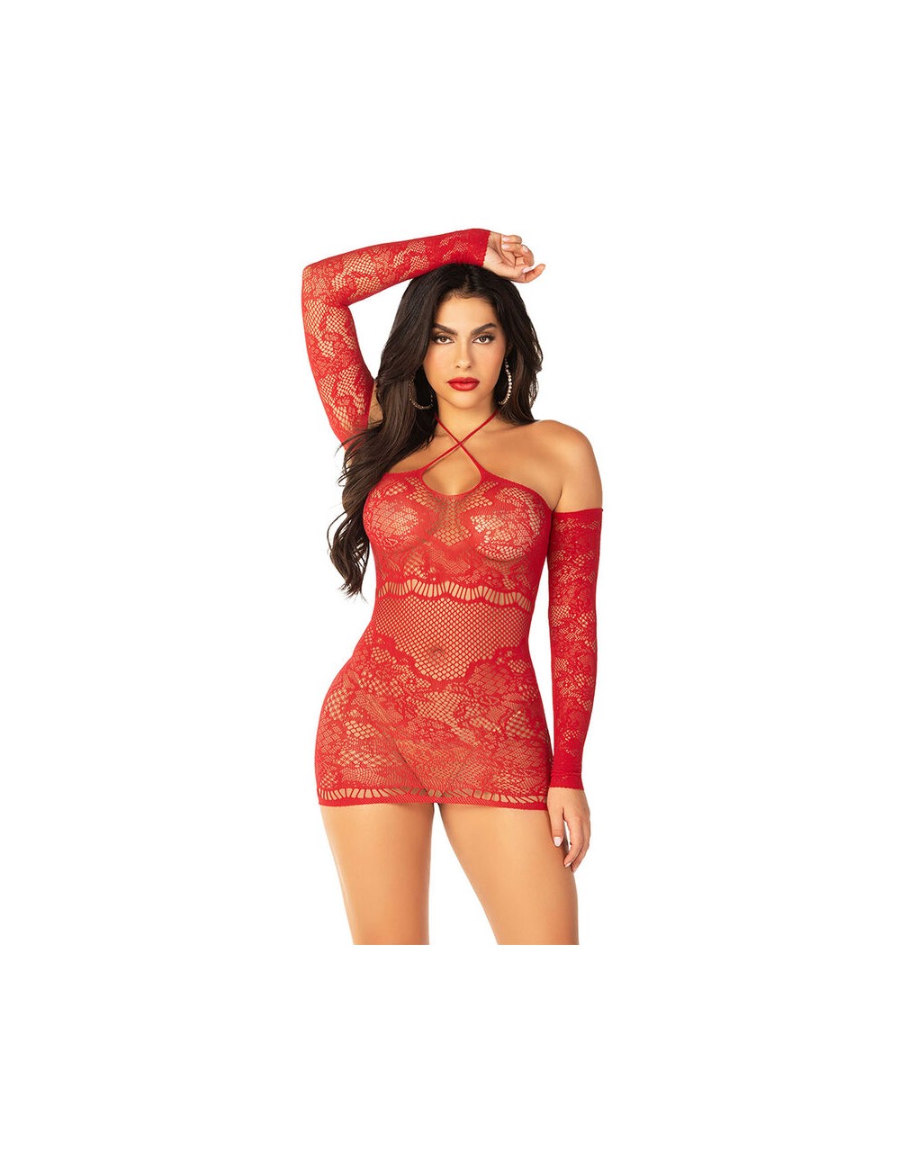 LEG AVENUE - MINIVESTIDO DE REJILLA CON HOMBROS DESCUBIERTOS Y MANGA LARGA ROJO LEG AVENUE - MINIVESTIDO DE REJILLA CON HOMBROS DESCUBIERTOS Y MANGA LARGA ROJO