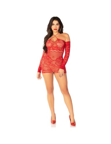 LEG AVENUE - MINIVESTIDO DE REJILLA CON HOMBROS DESCUBIERTOS Y MANGA LARGA ROJO