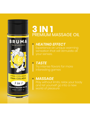 BRUMA - ACEITE DE MASAJE PREMIUM EFECTO CALOR SABOR PIÑA COLADA 3 EN 1 - 100 ML