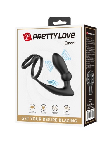 PRETTY LOVE - EMONI ANILLO PENE + PLUG ANAL 12 VIBRACIONES NEGRO