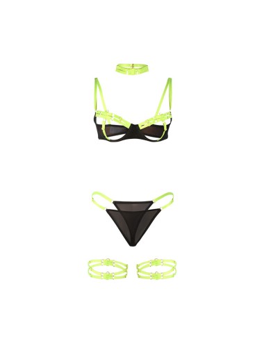 SUBBLIME - 955274 SET SUJETADOR CON COLLAR Y DETALLES PARA PIERNAS VERDE FLUORESCENTE S/M