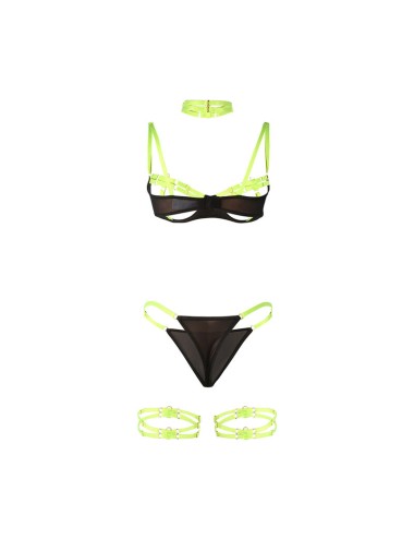SUBBLIME - 955274 SET SUJETADOR CON COLLAR Y DETALLES PARA PIERNAS VERDE FLUORESCENTE S/M