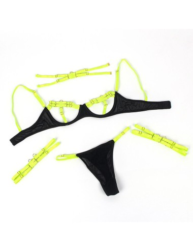 SUBBLIME - 955274 SET SUJETADOR CON COLLAR Y DETALLES PARA PIERNAS VERDE FLUORESCENTE S/M