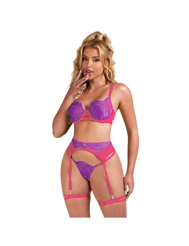 SUBBLIME - 955359 SET SUJETADOR CON ENCAJE Y LIGUEROS ROSA Y MORADO S/M